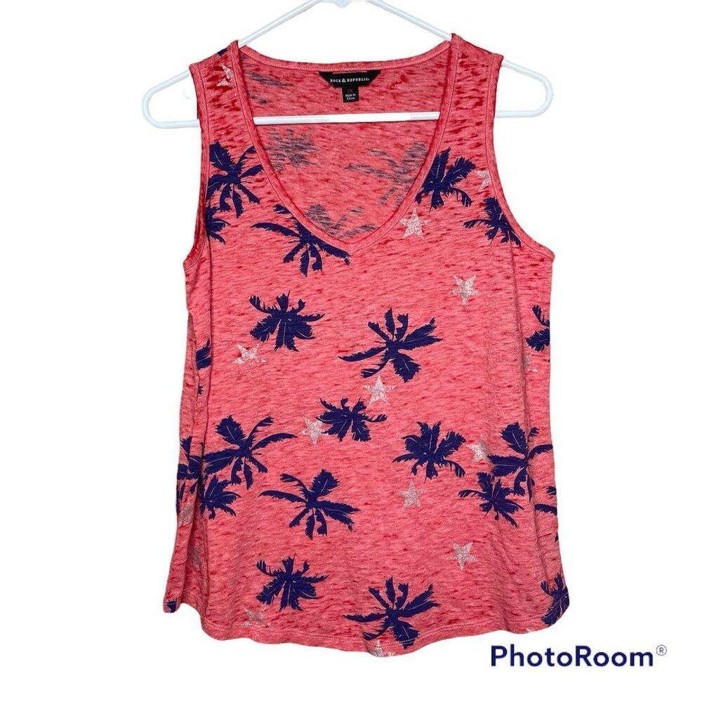 Rock & Republic X David Bowie Red Acid Wash Burnout Palm Tree Tank Top 3X